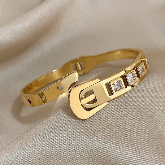 AENSOA Inlaid Rhinestone Stainless Steel Open Bracelet for Women