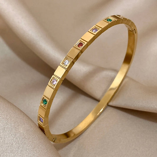 AENSOA Inlaid Square Small Colored Zircon Stainless Steel Bracelet