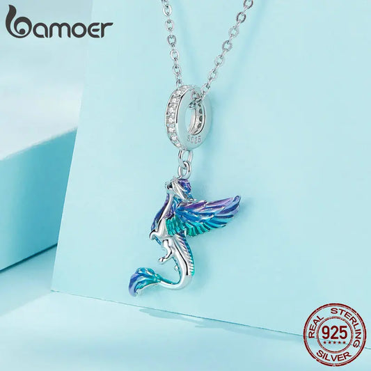 BAMOER 925 Sterling Silver Colorful Enamel Flying Dragon Pendant Bracelet and Necklace Set