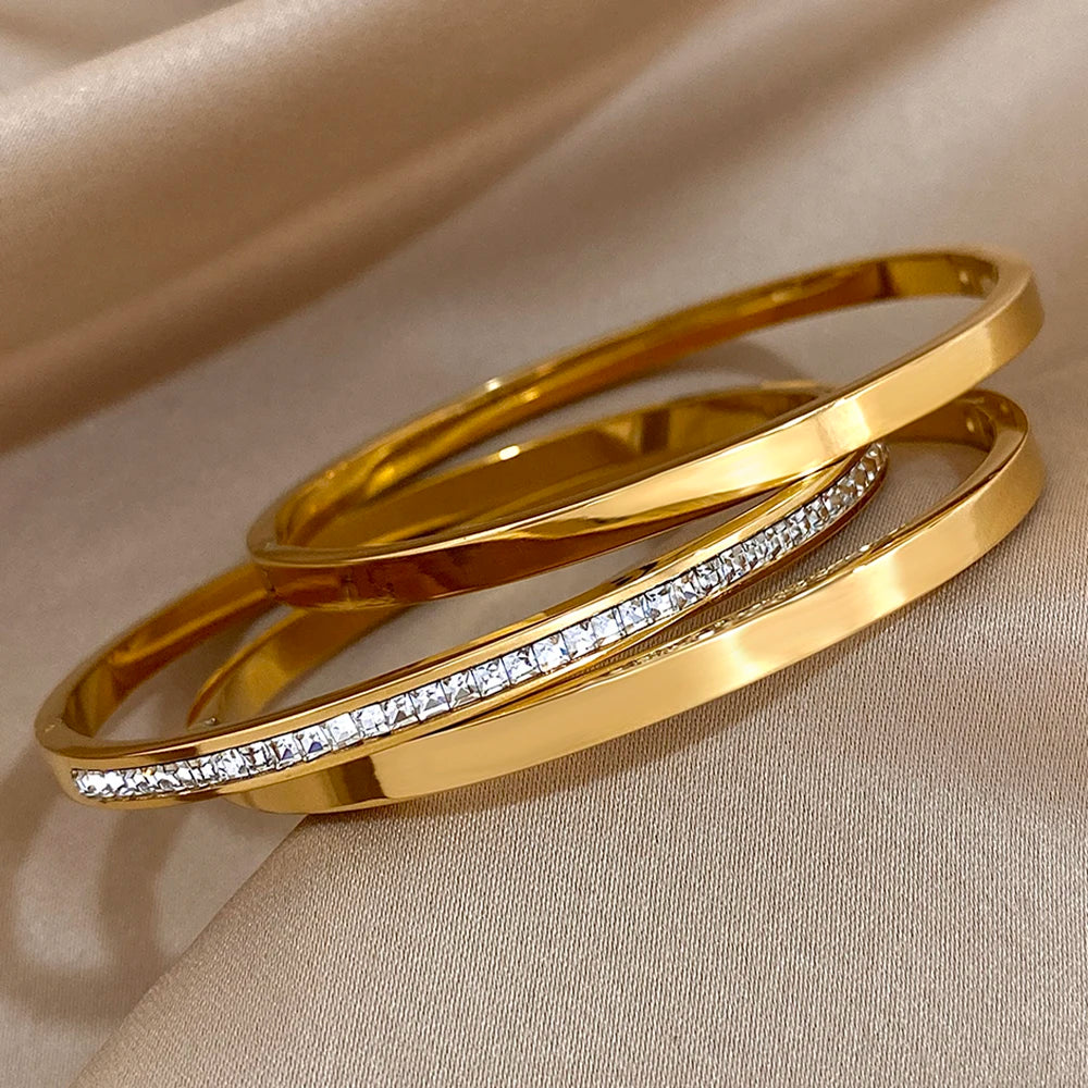 AENSOA 3Pcs Simple Gold Plated Crystal Cuff Bracelet