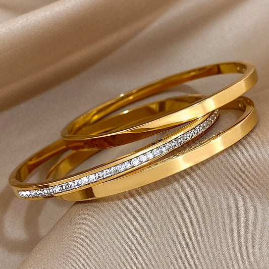 AENSOA 3Pcs Simple Gold Plated Crystal Cuff Bracelet