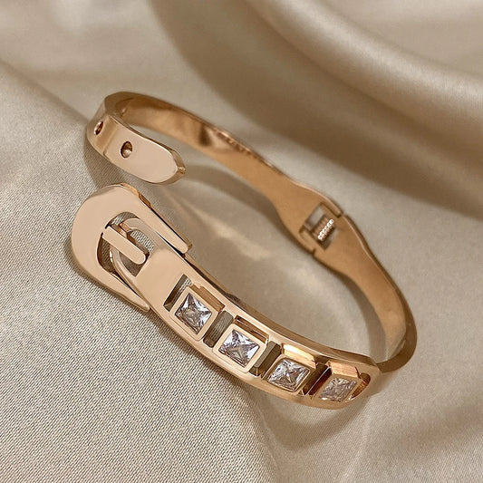 AENSOA Inlaid Rhinestone Stainless Steel Open Bracelet for Women