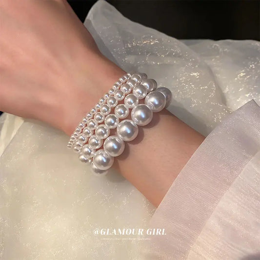 CHYVENEE Elegant White Faux Pearls Beaded Bracelet