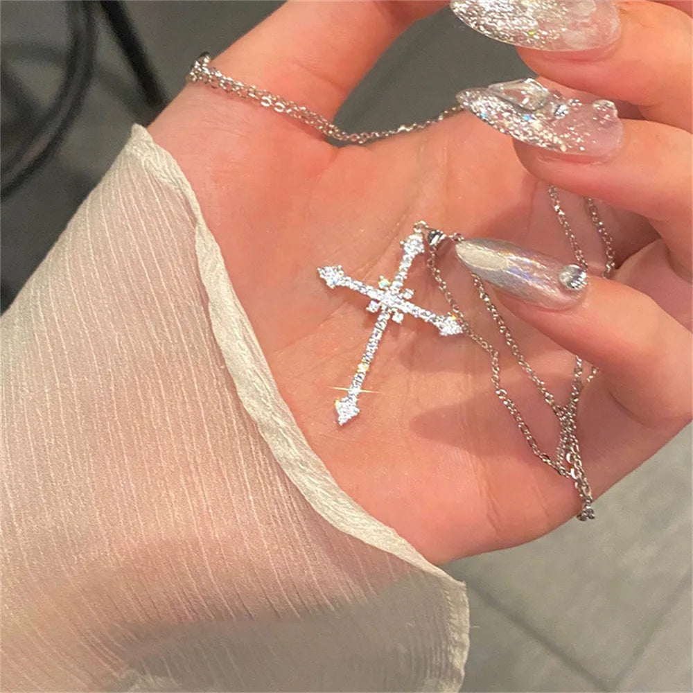 KPOP Y2K Silver Color Cubic Zircon Cross Necklace