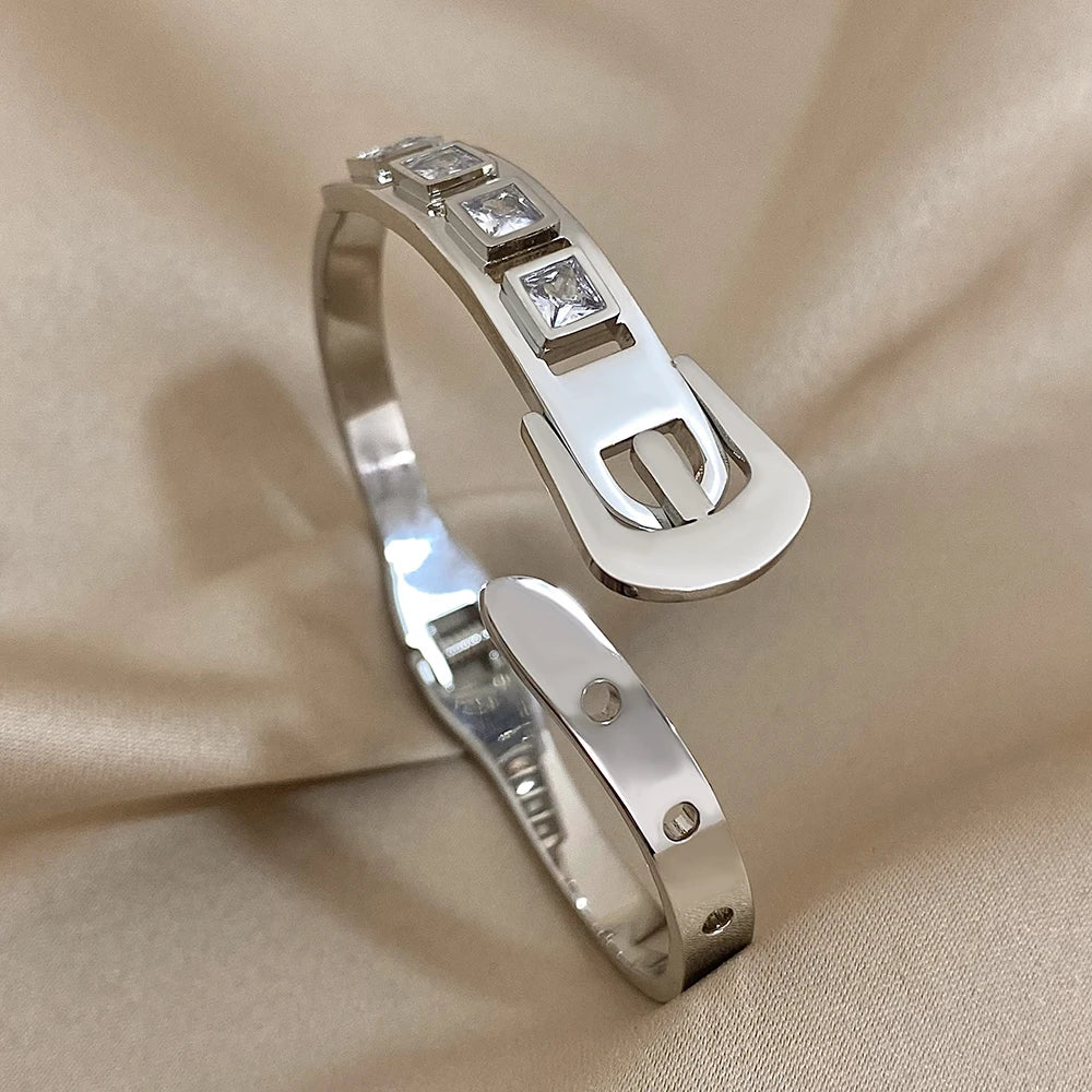 AENSOA Inlaid Rhinestone Stainless Steel Open Bracelet for Women
