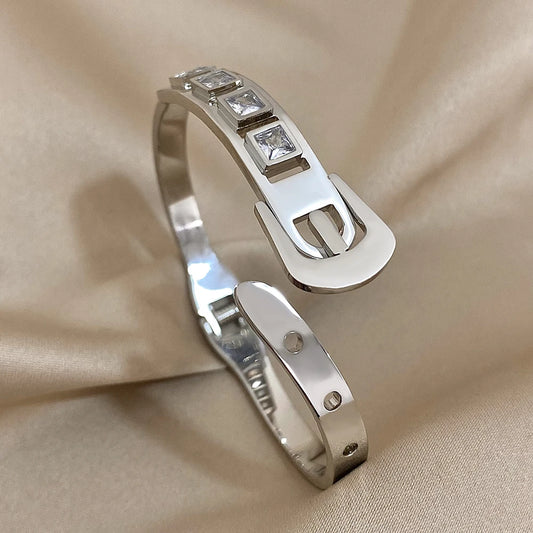 AENSOA Inlaid Rhinestone Stainless Steel Open Bracelet for Women
