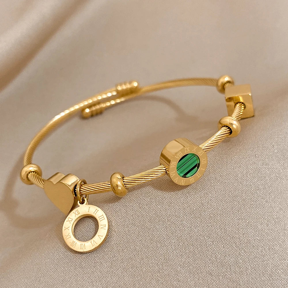 AENSOA 316L Stainless Steel Malachite Roman Letters Charm Bracelet
