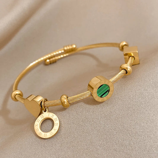 AENSOA 316L Stainless Steel Malachite Roman Letters Charm Bracelet