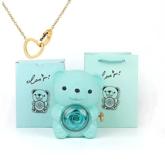 Eternal Rose Teddy Bear Gift Box with Necklace