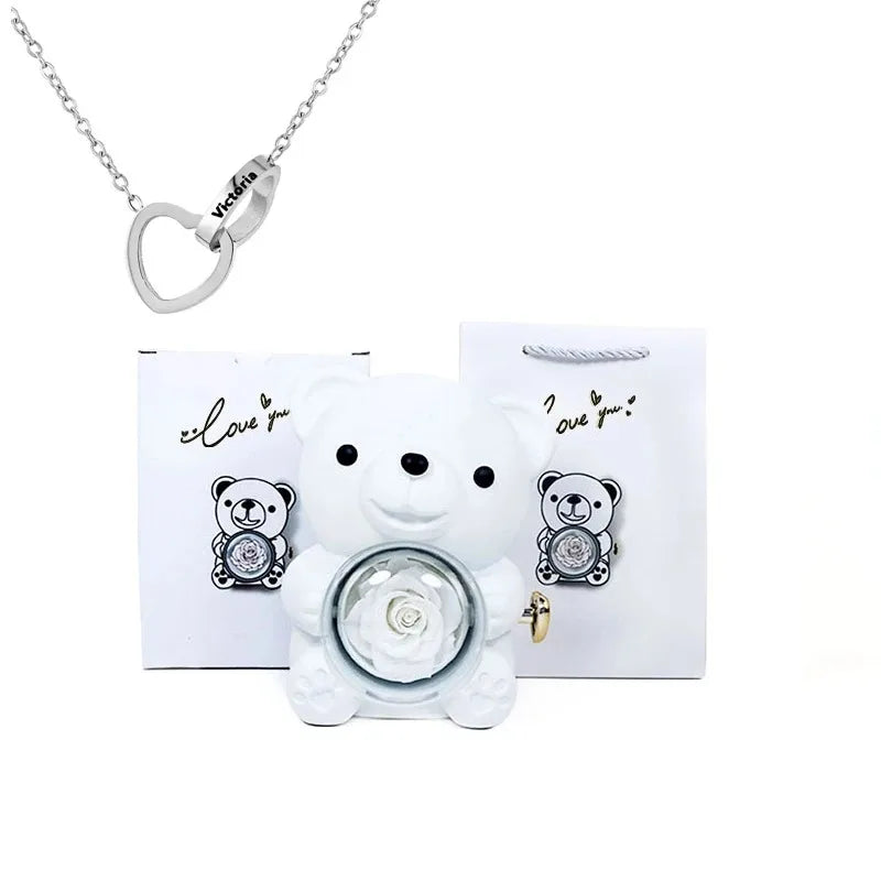 Eternal Rose Teddy Bear Gift Box with Necklace