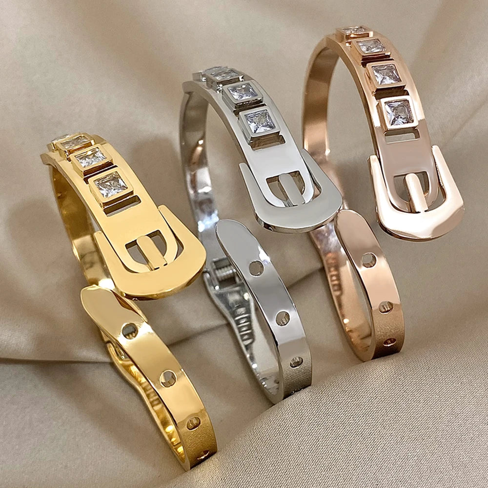 AENSOA Inlaid Rhinestone Stainless Steel Open Bracelet for Women