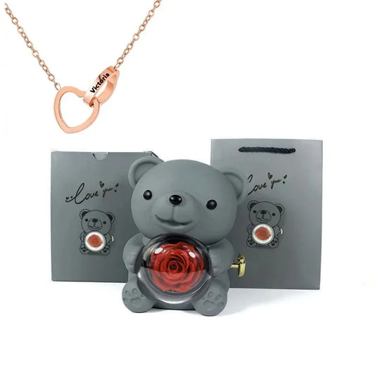 Eternal Rose Teddy Bear Gift Box with Necklace