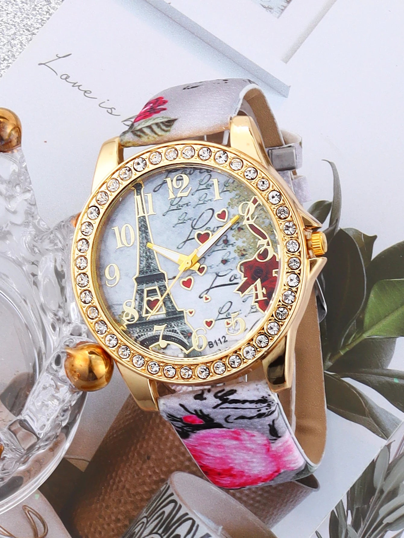 6Pcs Set Stylish Eiffel Tower Rhinestone Mirror Quartz Watch