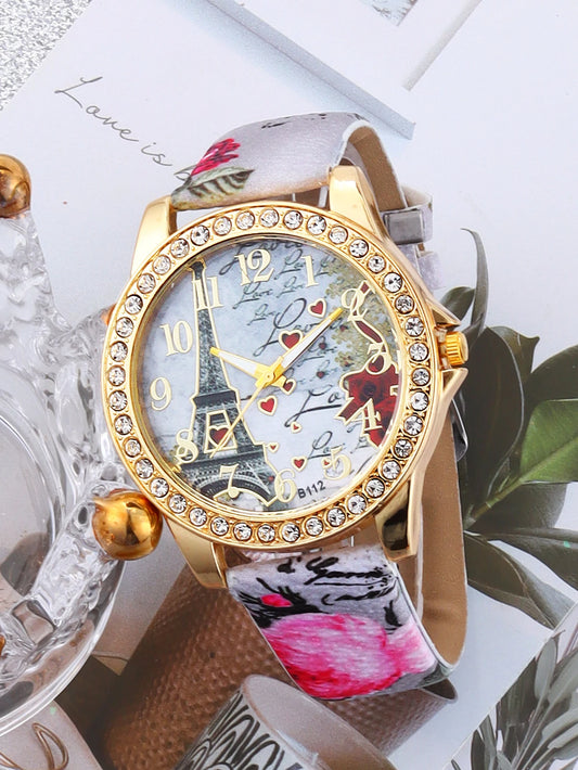 6Pcs Set Stylish Eiffel Tower Rhinestone Mirror Quartz Watch