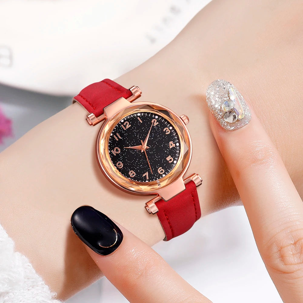 6Pcs/Set Red Watch With Minimalist Elements for Women