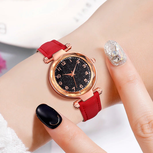 6Pcs/Set Red Watch With Minimalist Elements for Women