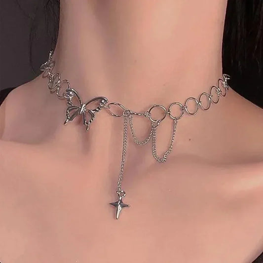 YIYUEQIANLI Hip Hop Butterfly Pendant Tassel Choker Necklace for Women