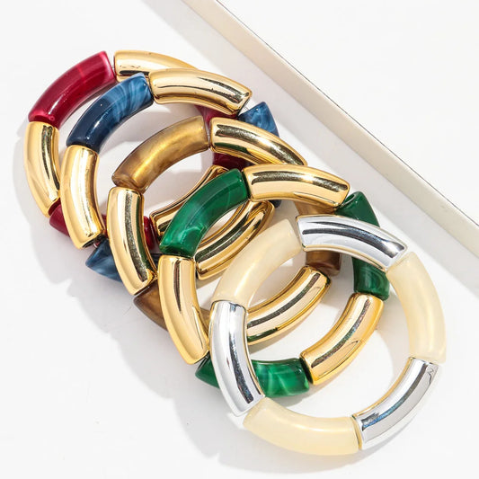 FISHSHEEP Bohemia Acrylic Gold and Silver Color Chunky Bamboo Bracelet