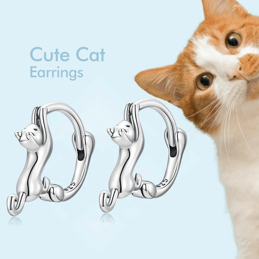 WOSTU Real 925 Sterling Silver Cute Cat Stud Earrings for Women
