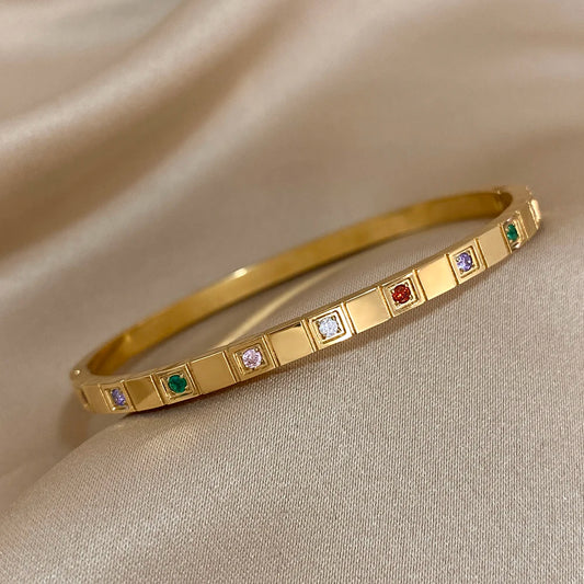 AENSOA Inlaid Square Small Colored Zircon Stainless Steel Bracelet