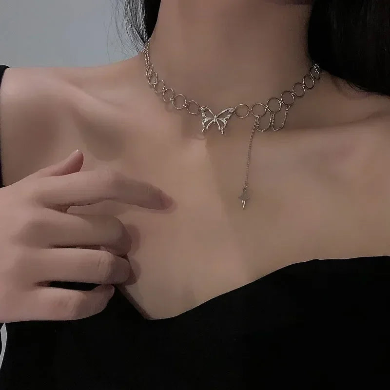 YIYUEQIANLI Hip Hop Butterfly Pendant Tassel Choker Necklace for Women