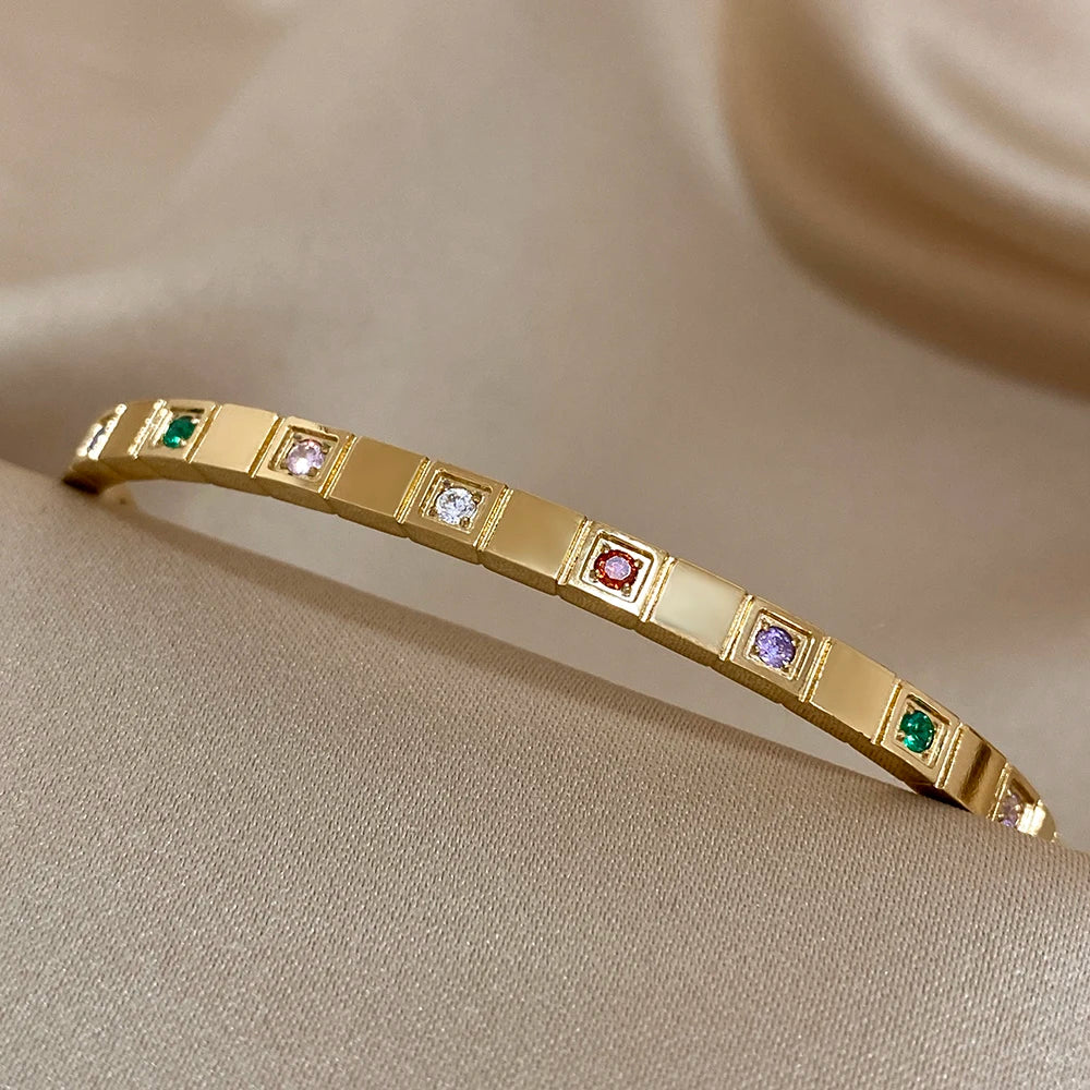 AENSOA Inlaid Square Small Colored Zircon Stainless Steel Bracelet