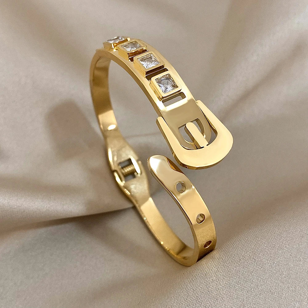 AENSOA Inlaid Rhinestone Stainless Steel Open Bracelet for Women