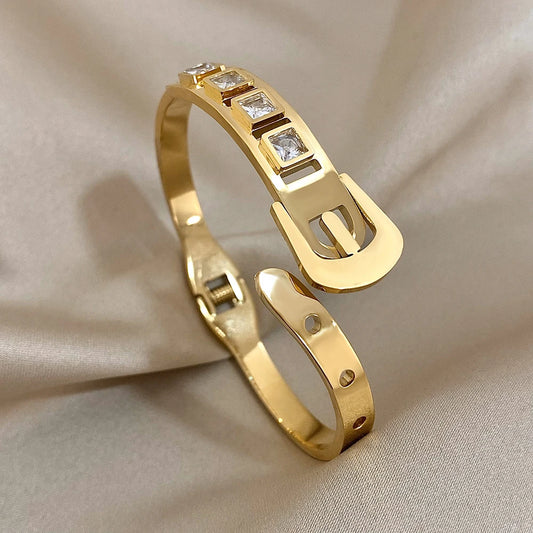 AENSOA Inlaid Rhinestone Stainless Steel Open Bracelet for Women