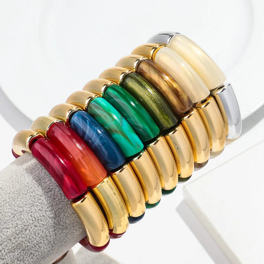FISHSHEEP Bohemia Acrylic Gold and Silver Color Chunky Bamboo Bracelet