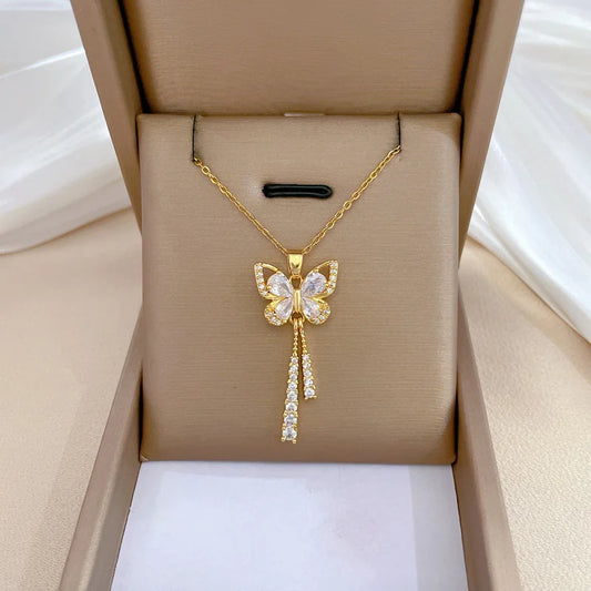 RINHOO FRIENDSHIP Micro Inlaid Zircon Butterfly Tassel Necklace for Women