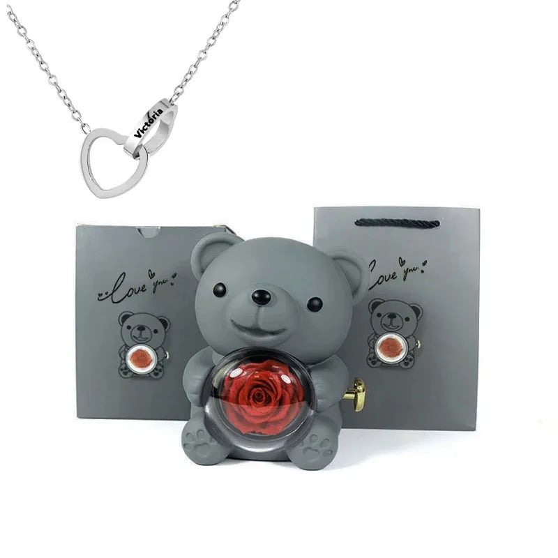 Eternal Rose Teddy Bear Gift Box with Necklace