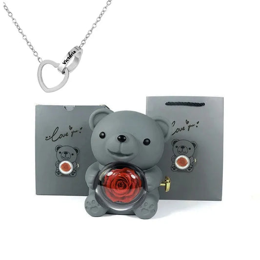 Eternal Rose Teddy Bear Gift Box with Necklace