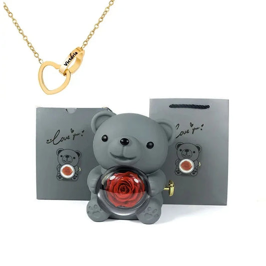 Eternal Rose Teddy Bear Gift Box with Necklace