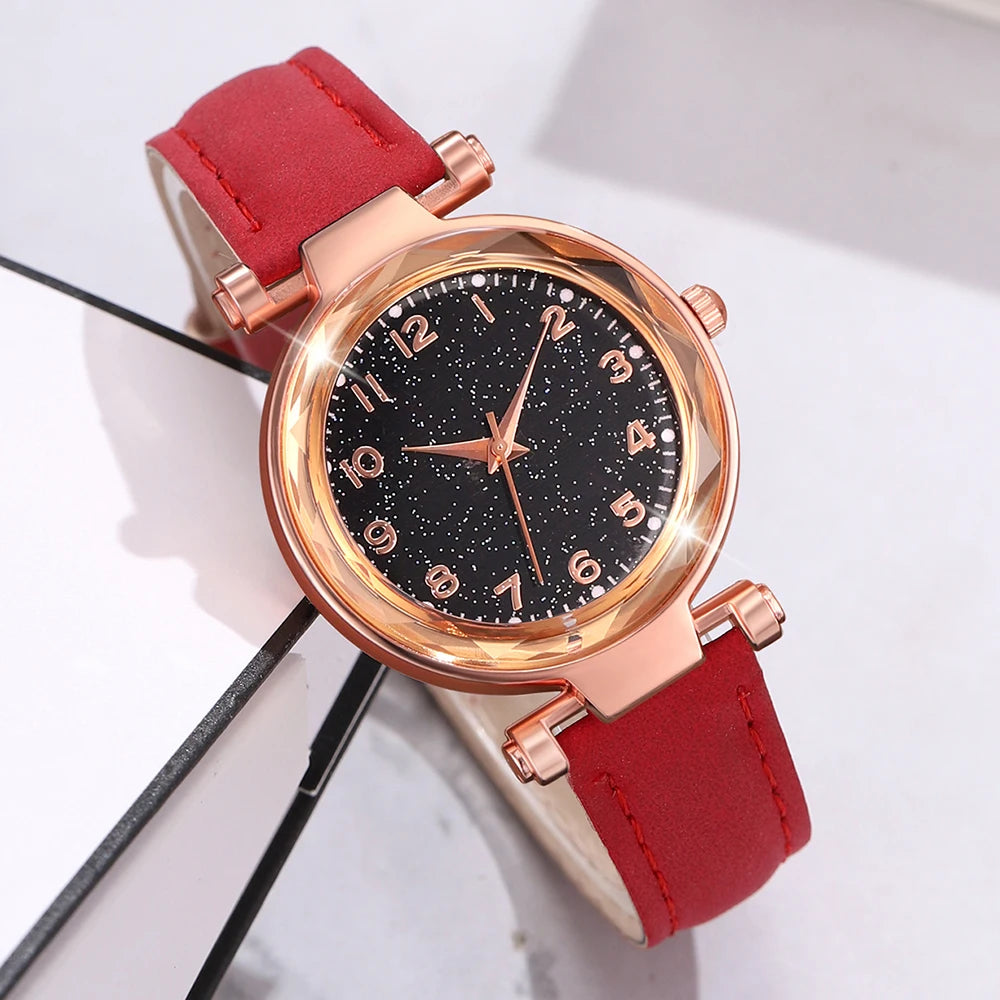 6Pcs/Set Red Watch With Minimalist Elements for Women