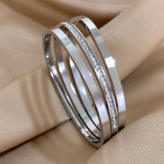 AENSOA 3Pcs Simple Gold Plated Crystal Cuff Bracelet