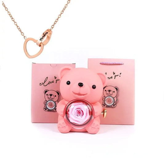Eternal Rose Teddy Bear Gift Box with Necklace
