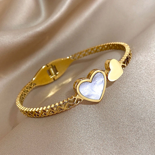 AENSOA Stainless Steel Inlaid Shell Double Heart Cuff Bracelet for Women