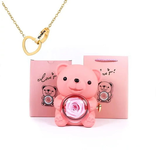 Eternal Rose Teddy Bear Gift Box with Necklace