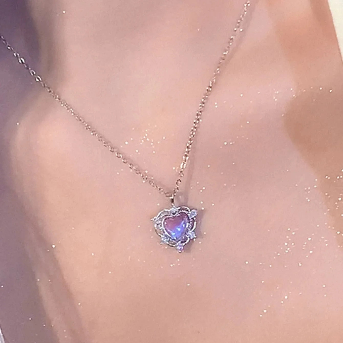 Y2K Purple Crystal Heart Pendant Necklace for Women