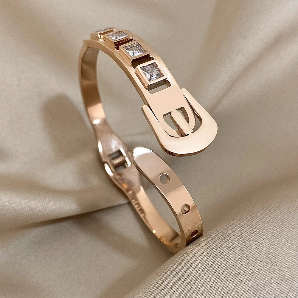 AENSOA Inlaid Rhinestone Stainless Steel Open Bracelet for Women