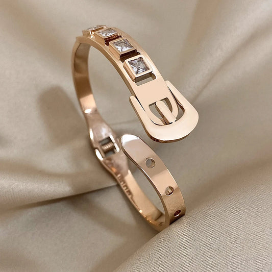 AENSOA Inlaid Rhinestone Stainless Steel Open Bracelet for Women