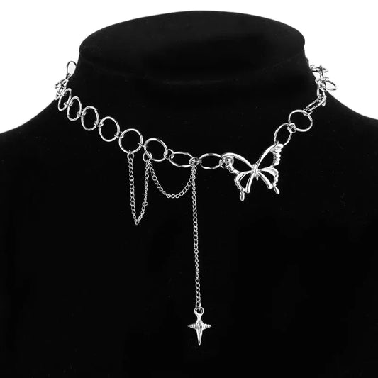 YIYUEQIANLI Hip Hop Butterfly Pendant Tassel Choker Necklace for Women