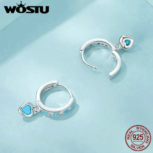 WOSTU 925 Sterling Silver Blue Heart-shaped Turquoise Hoop Earrings