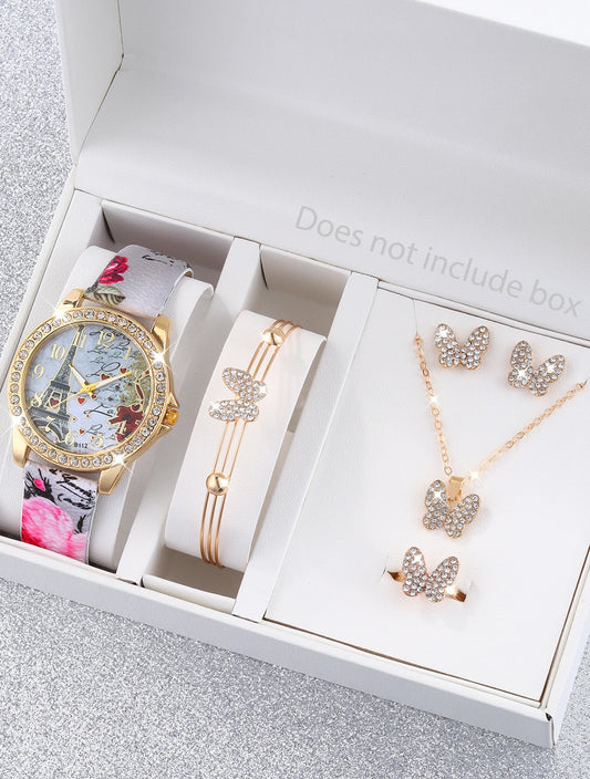 6Pcs Set Stylish Eiffel Tower Rhinestone Mirror Quartz Watch