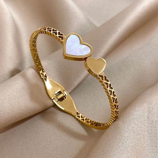 AENSOA Stainless Steel Inlaid Shell Double Heart Cuff Bracelet for Women