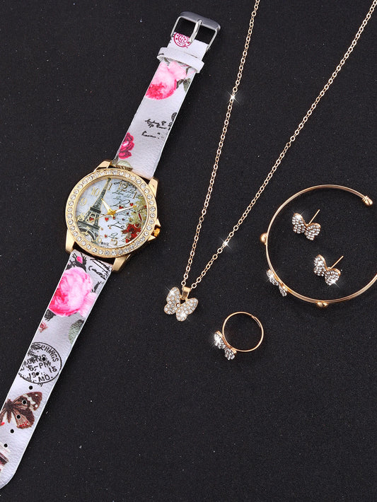 6Pcs Set Stylish Eiffel Tower Rhinestone Mirror Quartz Watch