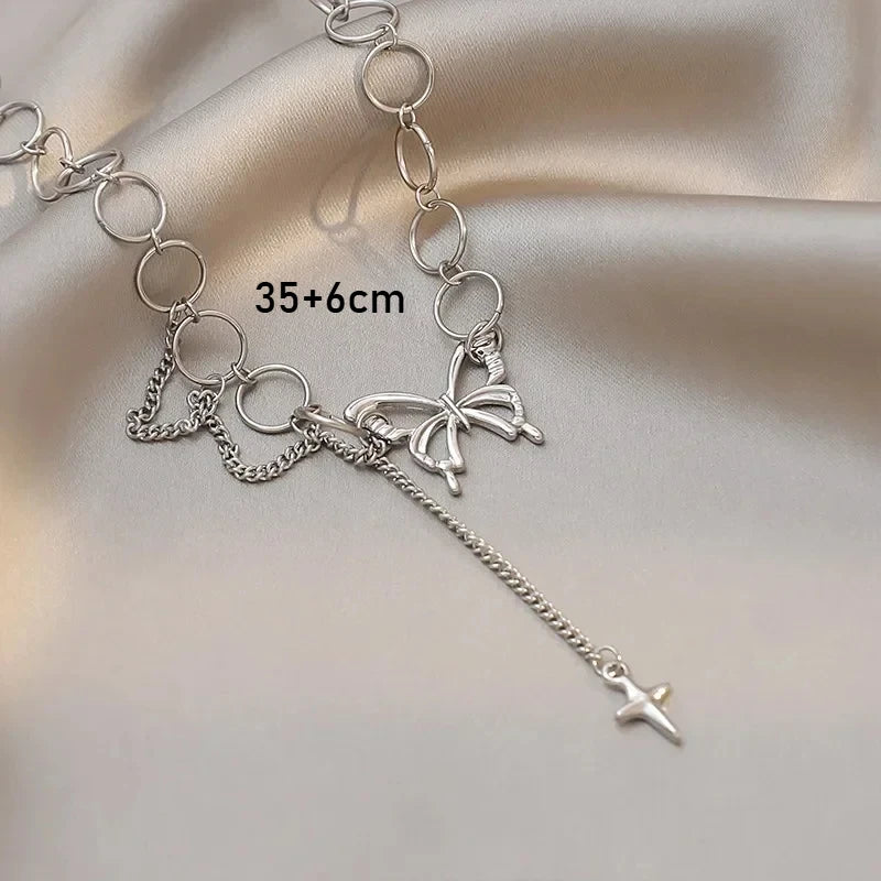 YIYUEQIANLI Hip Hop Butterfly Pendant Tassel Choker Necklace for Women