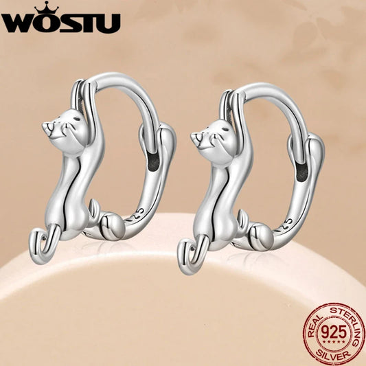 WOSTU Real 925 Sterling Silver Cute Cat Stud Earrings for Women