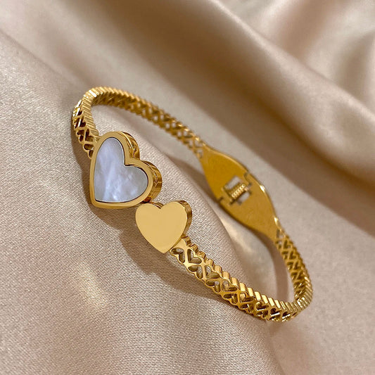 AENSOA Stainless Steel Inlaid Shell Double Heart Cuff Bracelet for Women