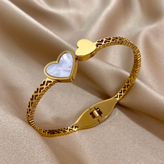 AENSOA Stainless Steel Inlaid Shell Double Heart Cuff Bracelet for Women